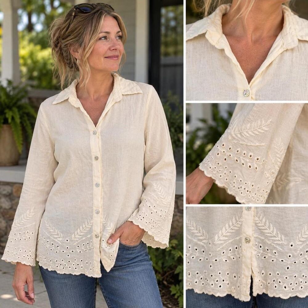 Christian Siriano cream eyelet blouse